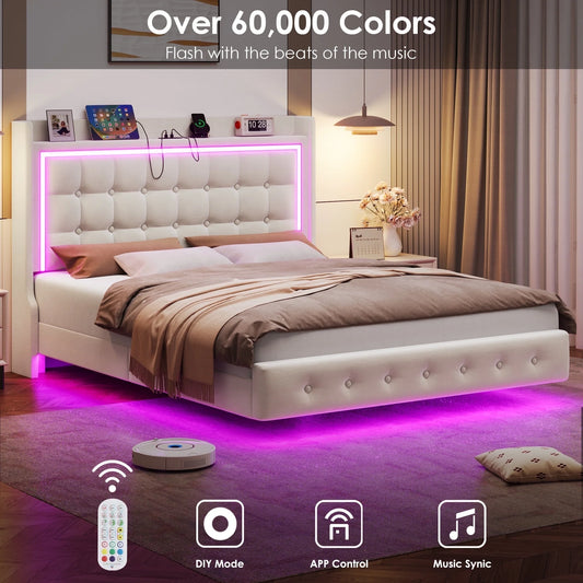 Queen Size Floating Bed with LED Lights Charging Station, Modern PU Upholstered Platform Bed with Storage Headboard, White